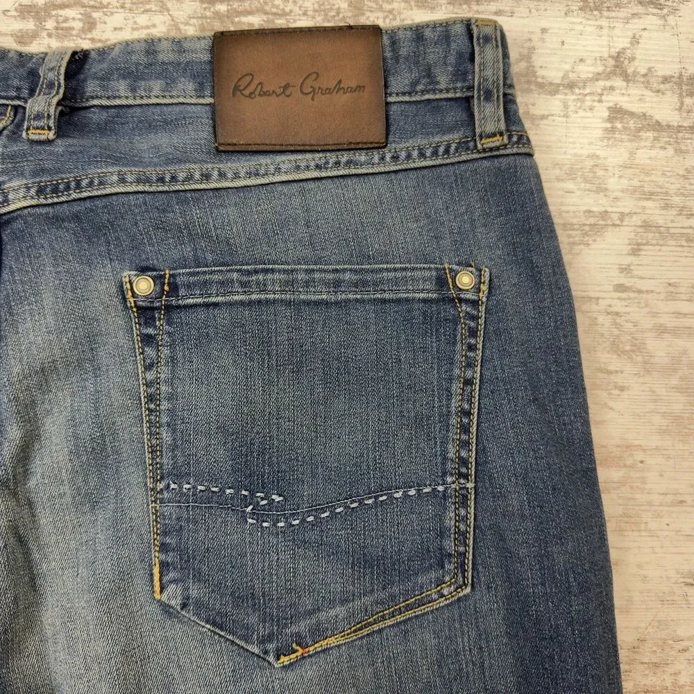 Robert Graham Classic Yates Jeans Mens 37x27 Blue Faded Straight Leg Denim